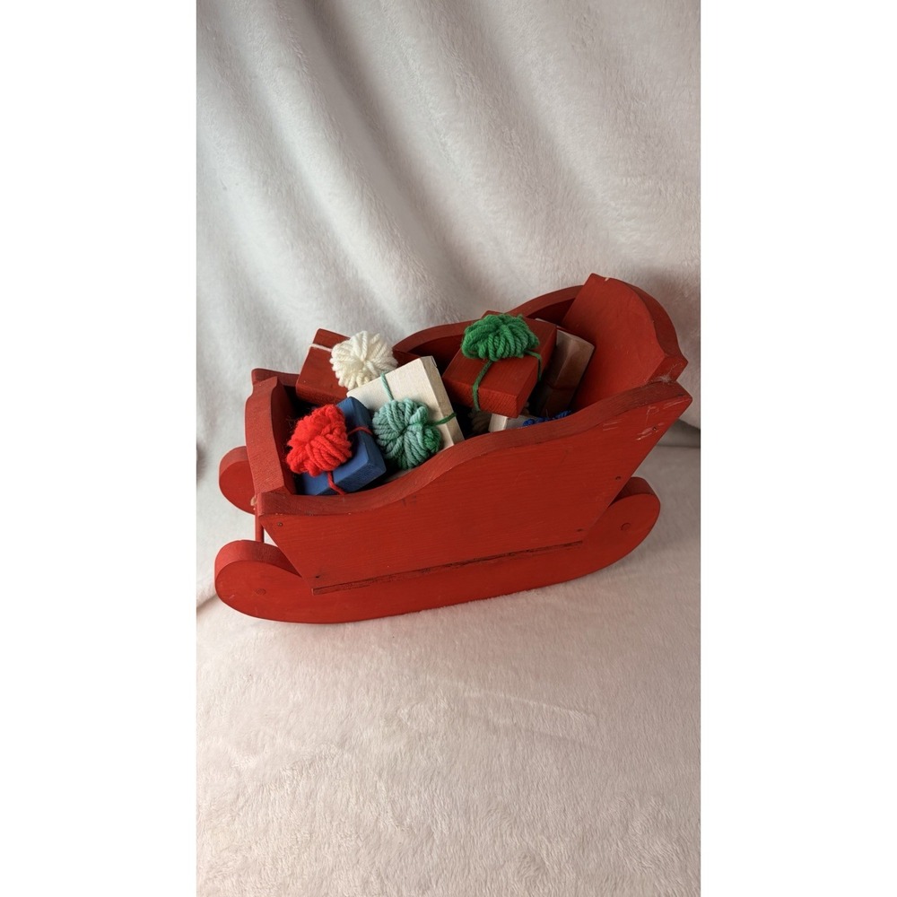 Vintage 70s Rustic Red Wooden Santa Sleigh Decor Yarn-Wrapped Mini Wood Presents